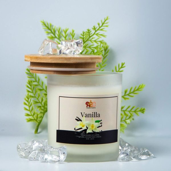 ABC Organic Scents Vanilla candle in a glass jar with wooden lid