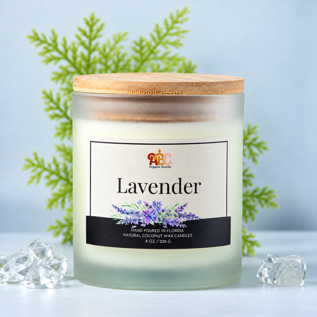 ABC Organic Scents Lavender Candle in a glass jar with wooden lid